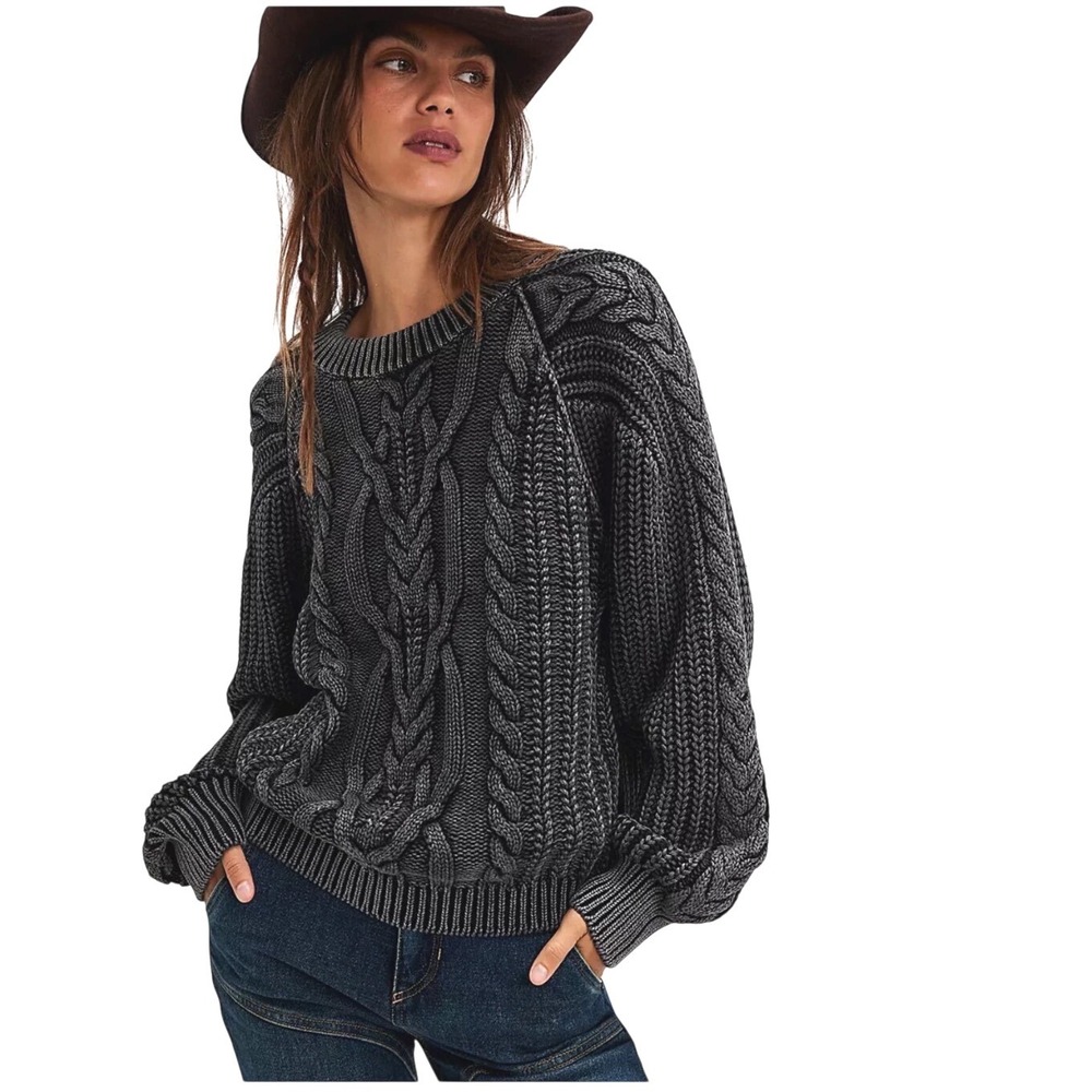 Free People Frankie Cable Knit Sweater Charcoal Grey Acid Wash Small NWOT